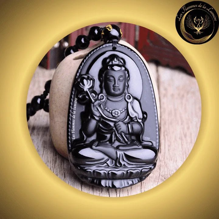 Obsidienne noire sculptée - Sublime collier Bouddha Amitabha - Amulette de Chance & Protection disponible chez Les Flammes de la Lumière