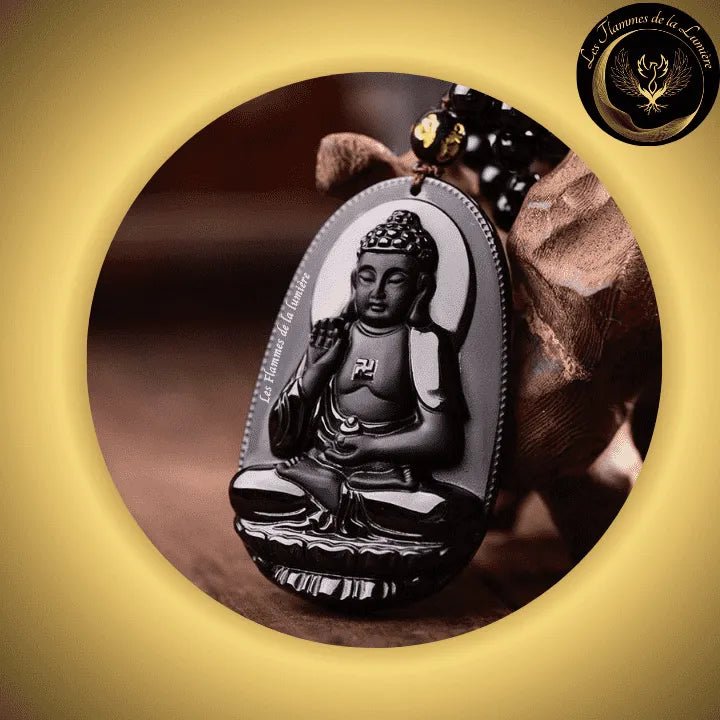 Obsidienne noire sculptée - Sublime collier Bouddha Amitabha - Amulette de Chance & Protection disponible chez Les Flammes de la Lumière