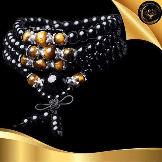 Obsidienne & Oeil de Tigre - Très beau bracelet Mala Tibétain - 108 perles disponible chez Les Flammes de la Lumière