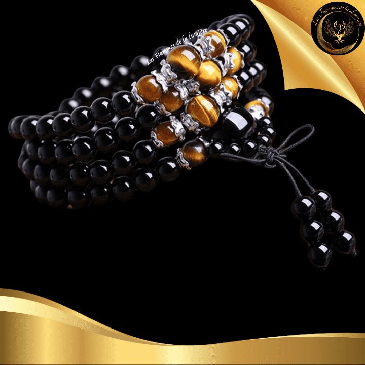 Obsidienne & Oeil de Tigre - Très beau bracelet Mala Tibétain - 108 perles disponible chez Les Flammes de la Lumière