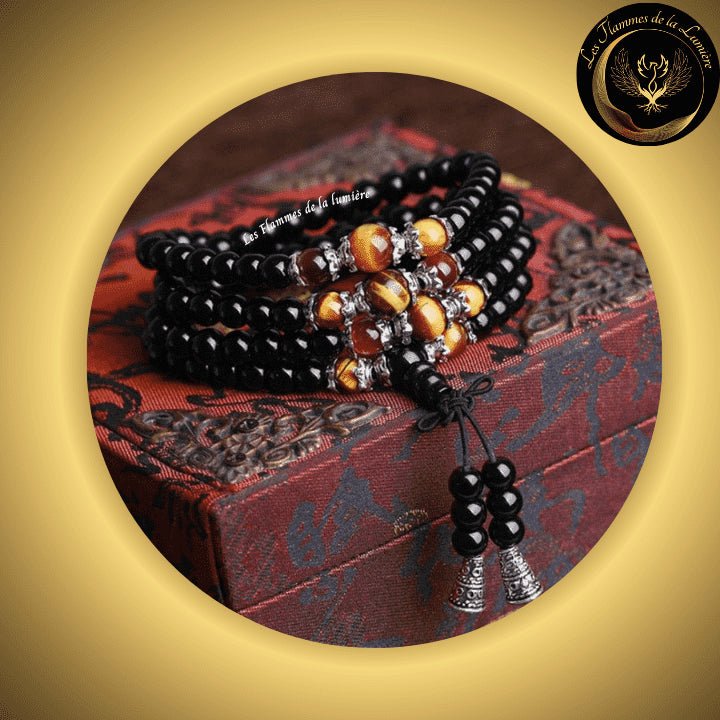 Obsidienne & Oeil de Tigre - Très beau bracelet Mala Tibétain - 108 perles disponible chez Les Flammes de la Lumière
