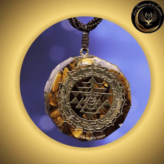 Oeil De Tigre - Magnifique Collier - pendentif orgone - Sri Tantra - Géométrie Sacrée chez Les Flammes de la Lumière