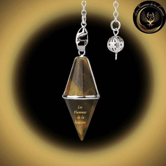 Pendule cône en Oeil de Tigre disponible chez Les Flammes de la Lumière