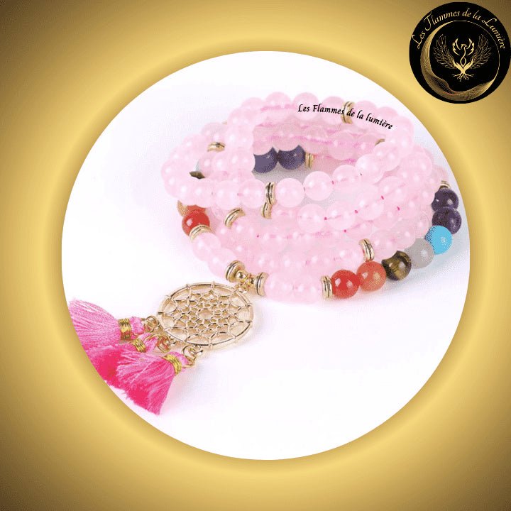 Quartz Rose - Magnifique bracelet Mala Tibétain 7 chakras - Attrape-rêves - 108 perles - 8mm disponible chez Les Flammes de la Lumière