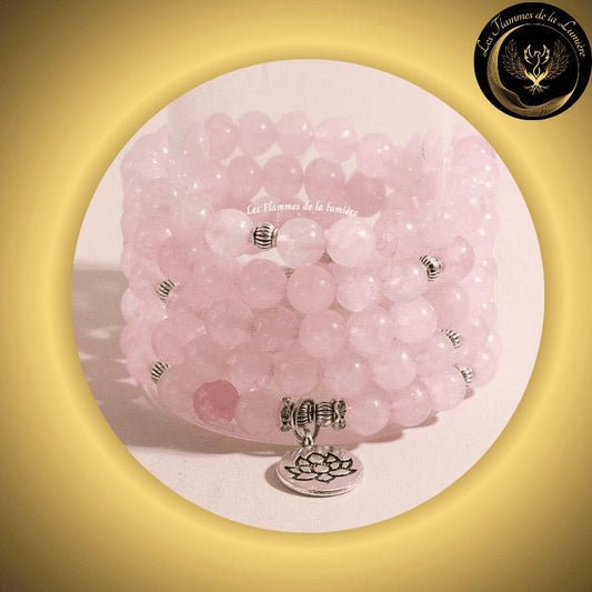 Quartz Rose - Très beau bracelet Mala Tibétain - 108 perles - Lotus - 8 mm disponible chez Les Flammes de la Lumière