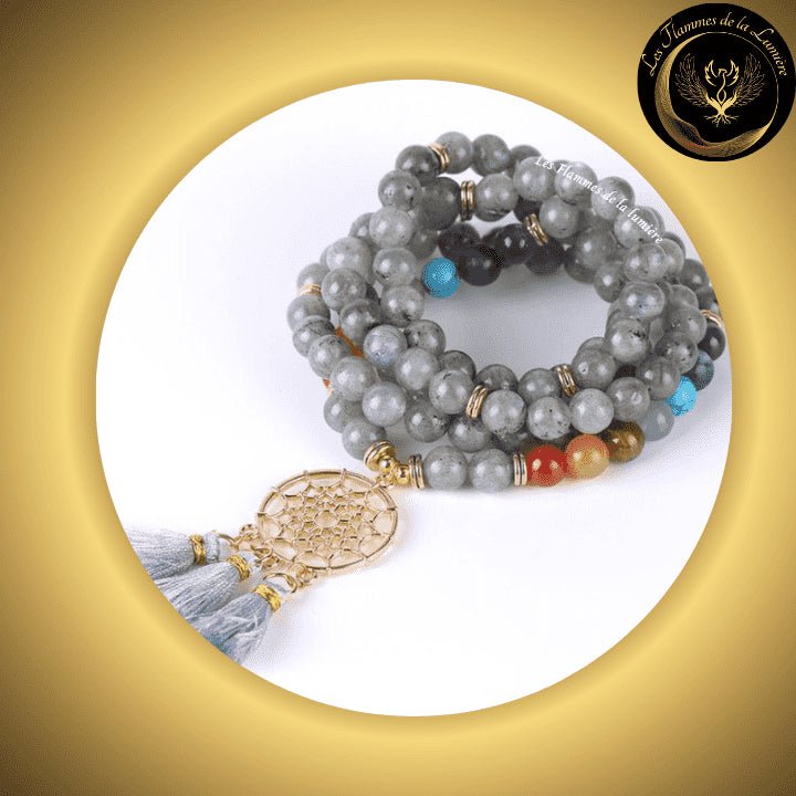 Spectrolite - Magnifique bracelet Mala Tibétain 7 chakras - Attrape-rêves - 108 perles - 8mm disponible chez Les Flammes de la Lumière