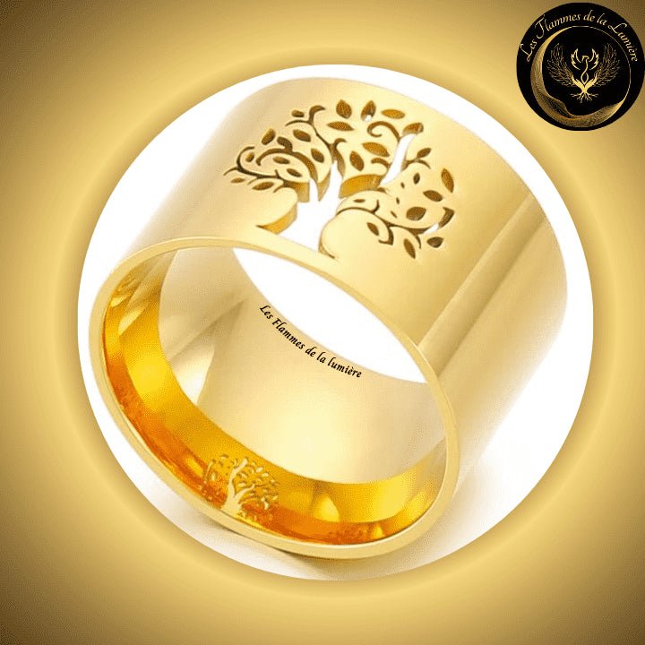 Sublime Bague - Arbre de vie - acier inoxydable - géométrie sacrée - doré disponible chez Les Flammes de la Lumière