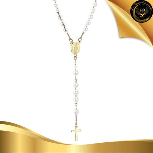 Sublime chapelet en collier en acier inoxydable - Perles blanches disponible chez Les Flammes de la Lumière