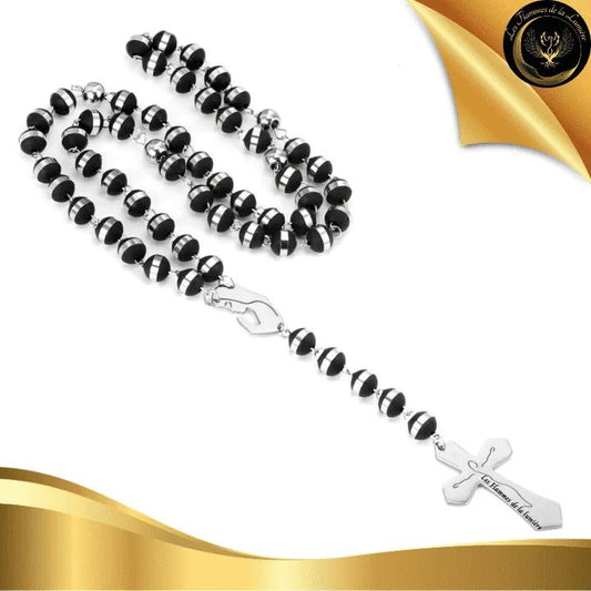 Sublime chapelet en collier en acier inoxydable - Perles noires & argent disponible chez Les Flammes de la Lumière