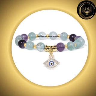 Très beau Bracelet en Fluorite avec Oeil Turc de protection & de chance - 17 à 23 cm disponible chez Les Flammes de la Lumière