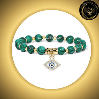 Très beau Bracelet en Malachite Verte avec Oeil Turc de protection & de chance - 17 à 23 cm disponible chez Les Flammes de la Lumière