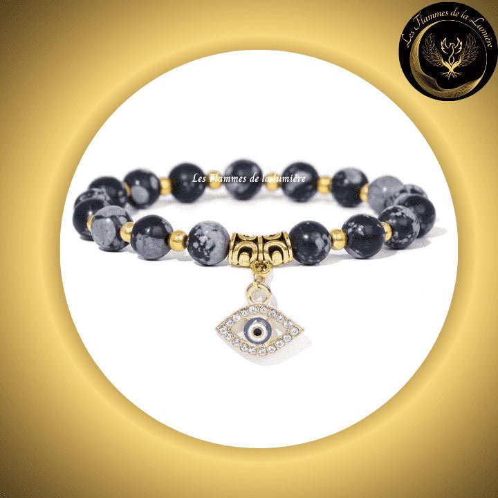 Très beau Bracelet en obsidienne flocon de neige avec Oeil Turc de protection & de chance - 17 à 23 cm disponible chez Les Flammes de la Lumière