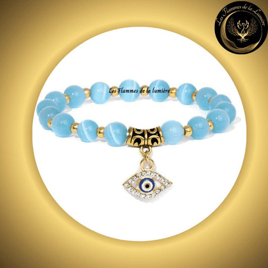 Très beau Bracelet en Oeil de Chat bleu avec Oeil Turc de protection & de chance - 17 à 23 cm disponible chez Les Flammes de la Lumière