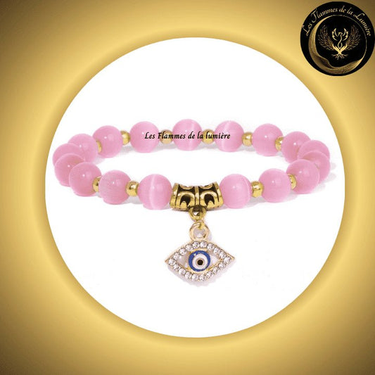 Très beau Bracelet en Oeil de Chat Rose avec Oeil Turc de protection & de chance - 17 à 23 cm disponible chez Les Flammes de la Lumière