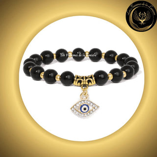 Très beau Bracelet en Onyx avec Oeil Turc de protection & de chance - 17 à 23 cm disponible chez Les Flammes de la Lumière