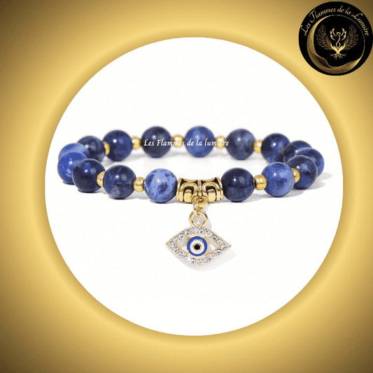 Très beau Bracelet en Sodalite avec Oeil Turc de protection & de chance - 17 à 23 cm disponible chez Les Flammes de la Lumière