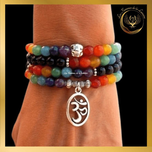 Très beau bracelet Mala Tibétain - 7 chakras - OM - 108 perles disponible chez Les Flammes de la Lumière