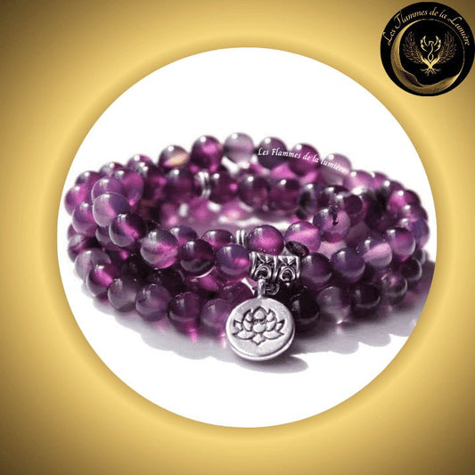 Agate - Très beau bracelet Mala Tibétain - Lotus - 108 perles - 8mm disponible chez Les Flammes de la Lumière