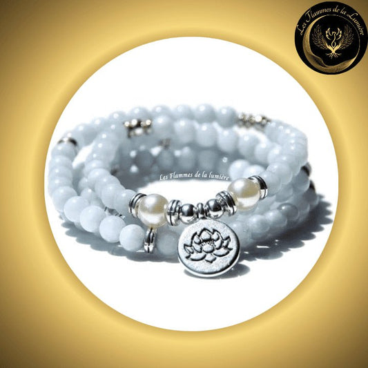 Aigue-Marine - Très beau bracelet Mala Tibétain - Lotus - 108 perles - 6 ou 8 mm disponible chez Les Flammes de la Lumière