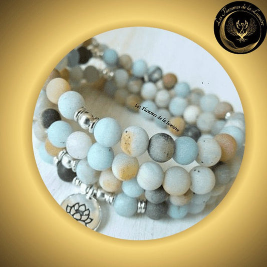 Amazonite - Très beau bracelet Mala Tibétain - Lotus - 108 perles disponible chez Les Flammes de la Lumière