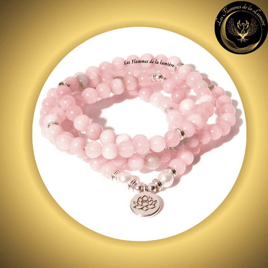 Calcédoine Rose - Très beau bracelet Mala Tibétain - Lotus - 108 perles - 8mm disponible chez Les Flammes de la Lumière