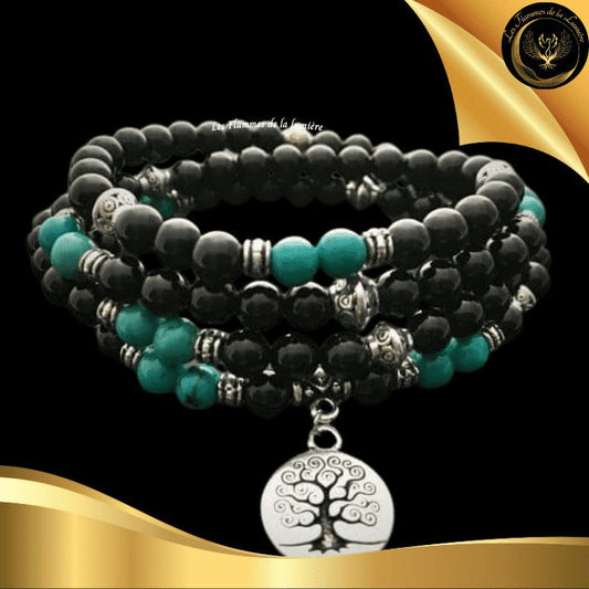 Turquoise & Obsidienne - Très beau bracelet Mala Tibétain - Arbre de Vie - 108 perles chez Les Flammes de la Lumière
