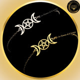 Très joli bracelet en acier inoxydable pentagramme et triple lune couleur or disponible chez Les Flammes de la Lumière