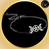 Très joli bracelet en acier inoxydable avec triple Lune & Pentagramme couleur Argent chez Les Flammes de la Lumière