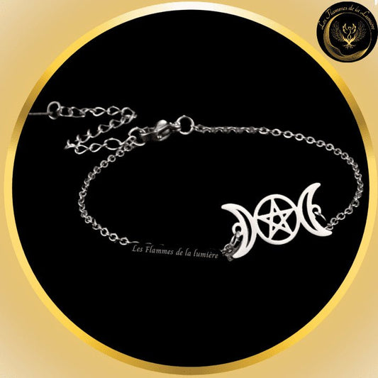 Très joli bracelet en acier inoxydable avec triple Lune & Pentagramme couleur Argent chez Les Flammes de la Lumière
