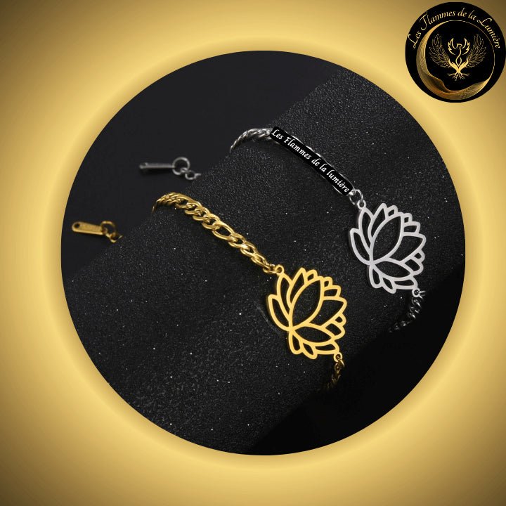 Très joli bracelet en acier inoxydable - Lotus disponible chez Les Flammes de la Lumière