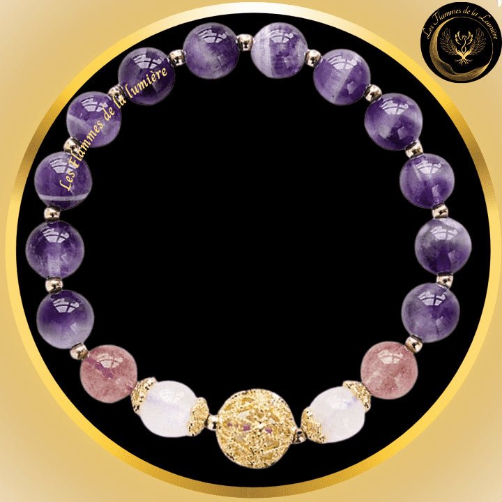 Très joli bracelet en Améthyste, Quartz Fraise & Pierre de Lune disponible chez Les Flammes de la Lumière