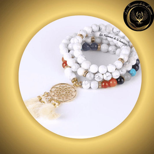 Turquoise blanc - Magnifique bracelet Mala Tibétain 7 chakras - Attrape-rêves - 108 perles - 8mm
